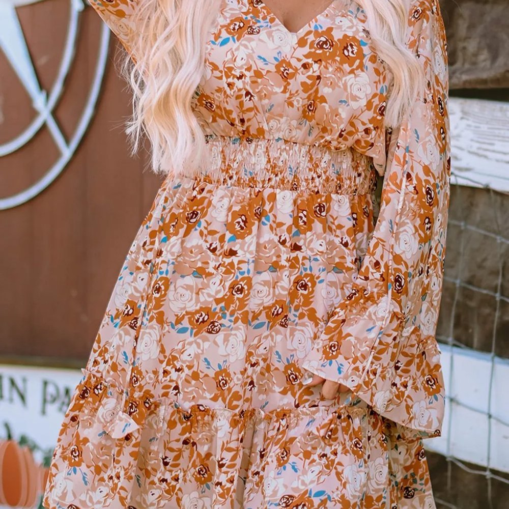 Orange Floral Smocked Waist Dress - Picture 3 of 11